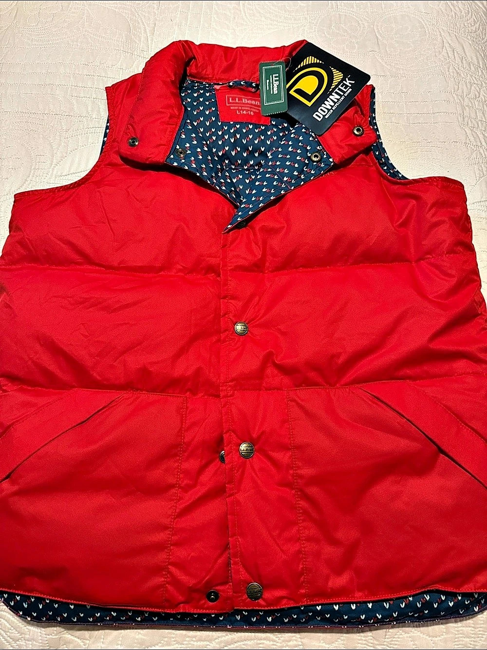 L.L.Bean Quilted Red & Blue Lined Downtek Vest